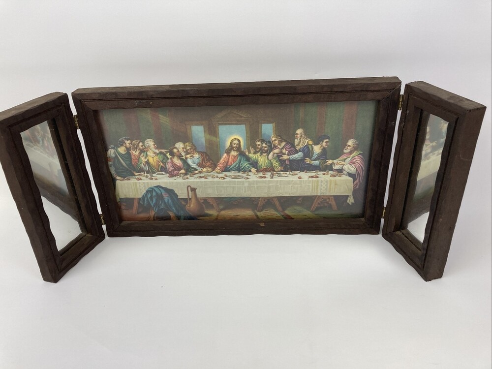 VTG Brunozetti Last Supper Icon Art Religious Picture Trifold Wood Mirror Frame